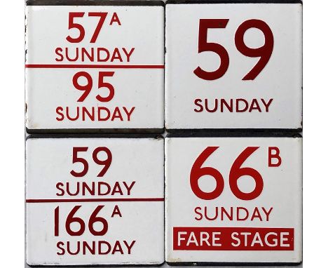 Selection (4) of London Transport bus stop enamel E-PLATES, all with red digits for Sunday services and comprising 57A Sunday