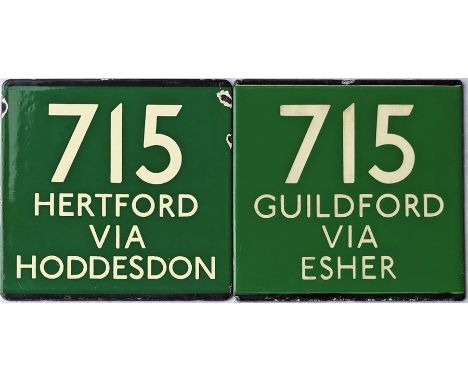 Pair of London Transport coach stop enamel E-PLATES for Green Line route 715, one for each direction and destinated Hertford 