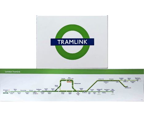 London (Croydon) Tramlink ENAMEL SIGN plus CAR ROUTE DIAGRAM. The sign measures 40cm x 30cm (16" x 12")and features the TfL g