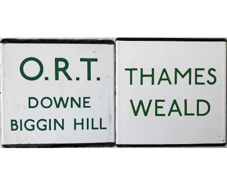 Pair of London Transport enamel bus stop E-PLATES, the first 'O. R. T. Downe, Biggin Hill' for the un-numbered route between 
