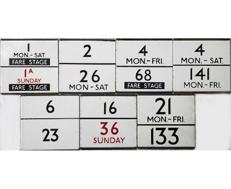 Selection (7) of London Transport bus stop enamel E-PLATES comprising 1 Mon-Sat, Fare Stage/1A Sunday, Fare Stage, 2/26 Mon-S