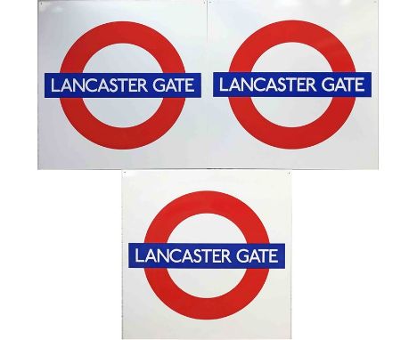 Trio of London Underground PLATFORM ROUNDEL SIGNS from Lancaster Gate station on the Central Line. Screen-painted aluminium s