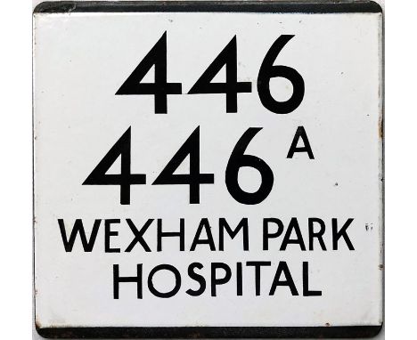London Transport bus stop enamel E-PLATE for routes 446/446A destinated Wexham Park Hospital. We think that was probably loca
