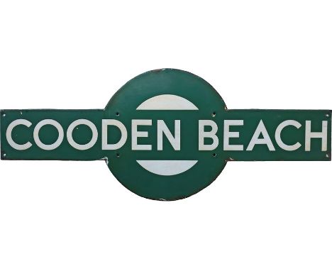 Southern Railway enamel PLATFORM TARGET SIGN from Cooden Beach station on the former LBSCR line from Brighton to Hastings, kn