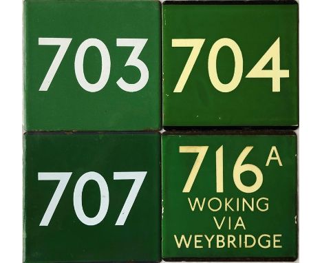 Selection (4) of London Transport coach stop enamel E-PLATES comprising Green Line routes 703, 704, 707 and 716A destinated W