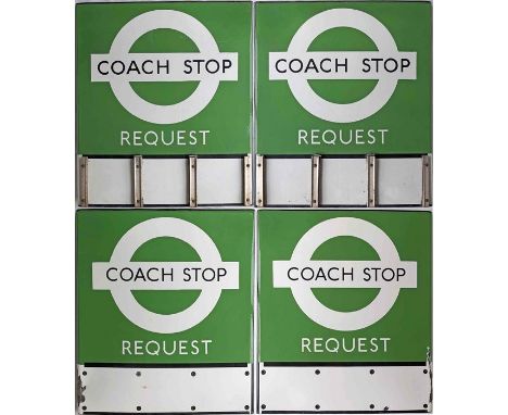 Pair of 1950s/60s London Transport enamel COACH STOP FLAGS ('Request'), both are 'boat'-style E3 versions with space for 3 e-