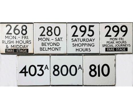 Selection (7) of London Transport bus stop enamel E-PLATES comprising 268 Mon-Fri Rush Hours &amp; Midday, Fare Stage, 280 Mo