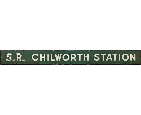 Southern Railway poster-board enamel HEADER PLATE from Chilworth station on the North Downs Line. One of a pair that were loc