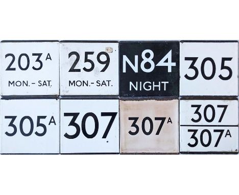 Selection (8) of London Transport bus stop enamel E-PLATES comprising 203A Mon-Sat, 259 Mon-Sat, N84 Night (white on black), 