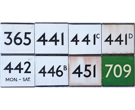 Selection (8) of London Transport bus/coach stop enamel E-PLATES comprising 365, 441, 441C, 441D, 442 Mon-Sat, 446B, 451 and 