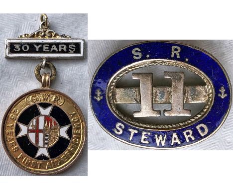 Pair of railway MEDALS/BADGES comprising a Great Western Railway (GWR)  25 years First Aid Efficiency 9ct gold &amp; enamel m