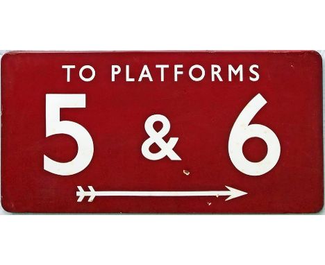 British Railways (Midland Region) enamel PLATFORM SIGN 'To Platforms 5 &amp; 6' with right-facing arrow. A fully-flanged sign