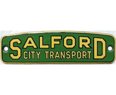 Salford City Transport enamel RADIATOR BADGE PLATE to fit a Leyland type radiator shell eg PD2. Measures 8" x 2.5" and is in 