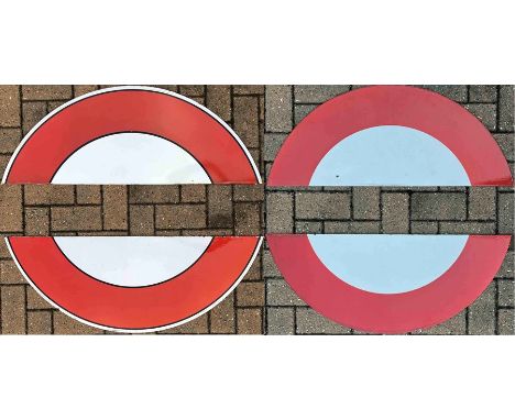 Two pairs of London Underground enamel 'HALF-MOONS' from platform bullseye or roundel signs. One pair is 1930s/40s vintage wi