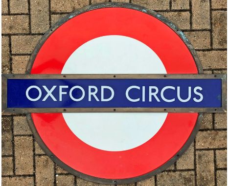 London Underground enamel PLATFORM ROUNDEL SIGN from Oxford Circus Station on the Bakerloo, Central and Victoria Lines. This 