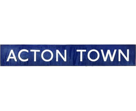 London Underground enamel PLATFORM SIGN from Acton Town Station on the District &amp; Piccadilly Lines. The name-bar from a b