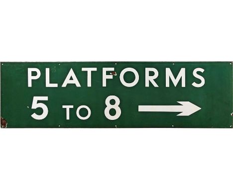 1930s/40s Southern Railway enamel PLATFORM SIGN 'Platforms 5 to 8' with right-facing arrow. Measures 49" x 14" (124cm x 36cm)