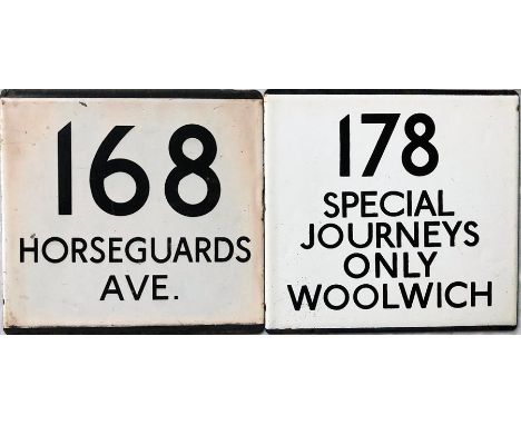 Pair of London Transport bus stop enamel E-PLATES comprising route 168 Horseguards [sic] Ave (probably would have been locate