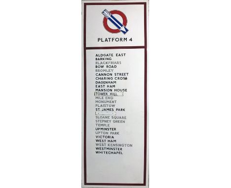 1930s London Underground enamel PLATFORM SIGN 'Platform 4' with an angled 'bullseye' with 4-flighted arrow and an alphabetica