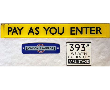 Selection (3) of London Transport PLATES comprising a perspex RF bus SLIPBOARD PLATE 'Pay as you enter', labelled on the reve