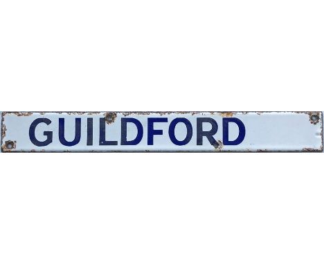 Southern Railway indicator board ENAMEL PLATE 'Guildford', probably from the departures board at Brighton. Measures 12" x 1.5