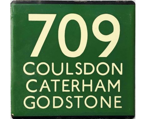 London Transport coach stop enamel E-PLATE for Green Line route 709 destinated Coulsdon, Caterham, Godstone. Just 3 pairs of 