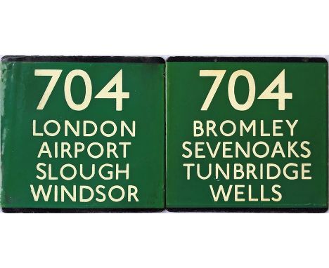 Pair of London Transport coach stop enamel E-PLATES for Green Line route 704, one for each direction and destinated London Ai