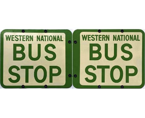 Western National enamel BUS STOP FLAG. A 1950s/60s double-sided sign in cream and green enamel. Measures 12.5" x 10.5" (32cm 