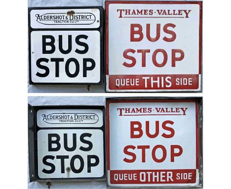 Pair of 1950s/60s double-sided, flanged, enamel BUS STOP FLAGS, the first for Aldershot &amp; District, the second for Thames