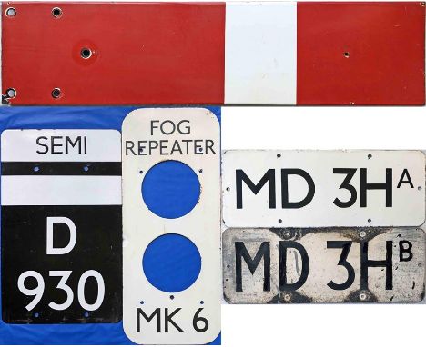 Assortment (5) of British Rail &amp; London Underground SIGNAL SIGNS comprising a BR enamel HOME SIGNAL ARM marked 'N E Ltd B