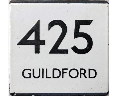 London Transport bus stop enamel E-PLATE for route 425 destinated Guildford. We suspect that this was one of a pair at Dorkin
