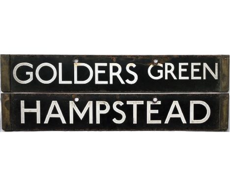 London Underground 1938-Tube Stock enamel CAB DESTINATION PLATE for Golders Green / Hampstead on the Northern Line. A double-