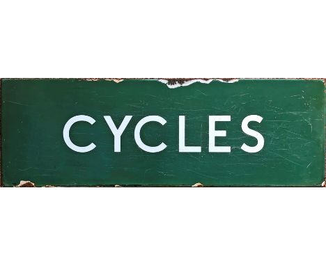 British Railways (Southern Region) enamel DOORPLATE 'Cycles'. A most uncommon sign. Measures 18" x 6" (46cm x 15cm) and is in