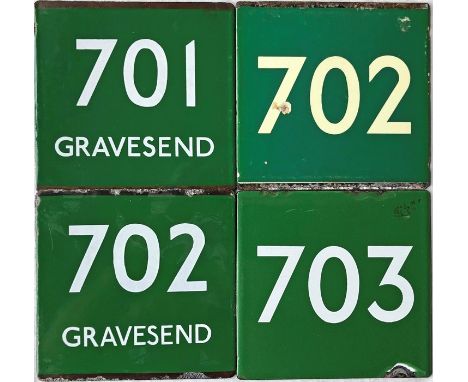 Selection (4) of London Transport coach stop enamel E-PLATES comprising Green Line routes 701 destinated Gravesend, 702, 702 
