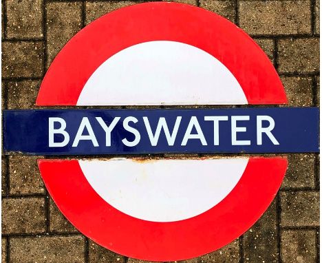 London Underground enamel PLATFORM ROUNDEL SIGN from Bayswater station on the District &amp; Circle Lines. A medium-size sign