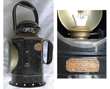 GWR 3-aspect HANDLAMP made by Veritas Lamp Works, London. Marked 'GWR' on the side and on the burner. Number plate '24681' on