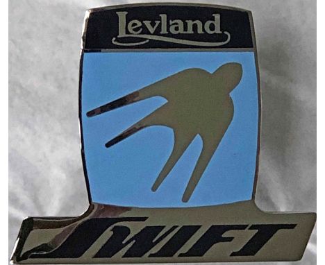 1980s enamel &amp; chrome VEHICLE BADGE for a Leyland Swift midibus. Measures 5.5" x 5" (14cm x 12cm) and is 'new old stock' 