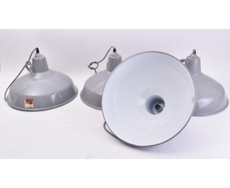 Benjamin RLM Crysteel - four matching vintage mid 20th century industrial / factory grey enamel pendant light shades each wit