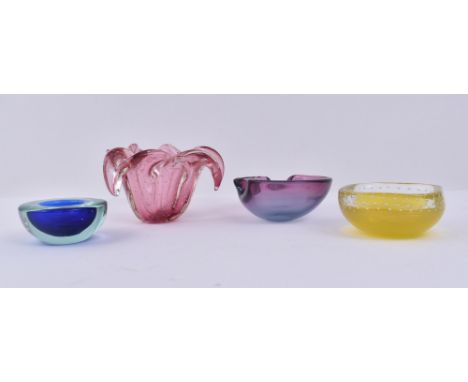 A collection of four vintage 20th century Continental studio art glass vases. The lot to include a Murano style ashtray in to