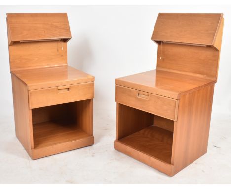 A matching pair of retro mid 20th century teak wood bedsides. Each having folding shelf / light gallery top with single drawe