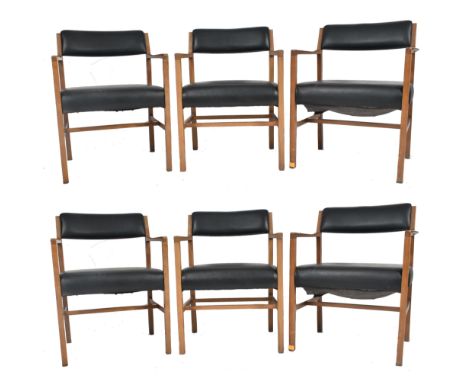 A set of six retro mid 20th century Danish inspired teak framed &amp; leatherette armchair dining chairs. Each chair having a