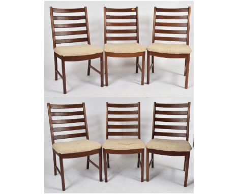 White &amp; Newton - Harris Tweed - A matching set of six retro 20th century teak framed ladder back dining chairs. Each havi