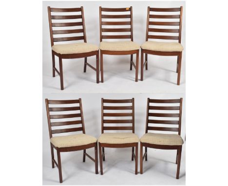 White &amp; Newton - Harris Tweed - A matching set of six retro 20th century teak framed ladder back dining chairs. Each havi