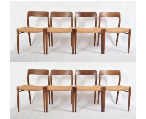 Neil Moller x J L Moller Danish&nbsp;- Model 75 - a set of eight mid 20th century Danish teak and rattan weave dining chairs.