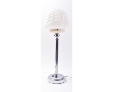 A vintage 20th century Art Deco table / desk lamp light. The lamp having a shaped globe opaque glass shade on chrome stem upo