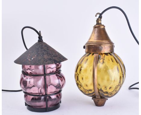 Two vintage mid 20th century circa 1960s glass &amp; metal porch hanging lanterns. The lot comprising a 1960s metal &amp; lil