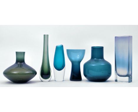 Six pieces of mid - late 20th century Scandinavian inspired studio art glass in varying tones of grey and blue. To include an