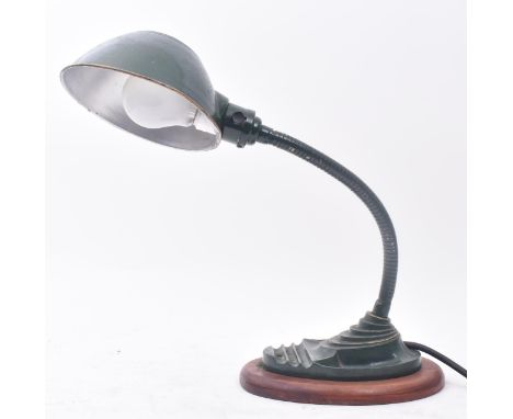 A 1920s Art Deco gooseneck desk table lamp light with green paint finish. The lamp having an aluminium shade and cast iron ba