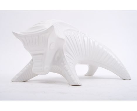 Jonathan Adler - a vintage late 20th century decorative ridged white ceramic bull. Signed in marker 'J. T. Adler xox' to base