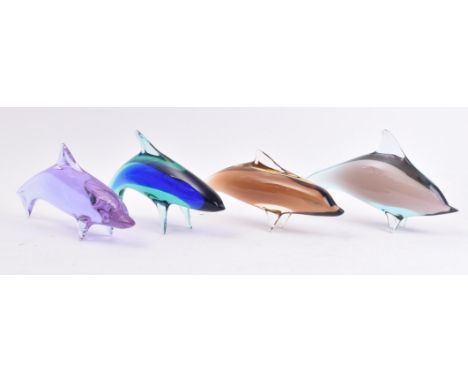 Four vintage mid 20th century Bohemian Czech studio art glass stylized dolphin sculptures, believed by Miloslav Janku for Zel